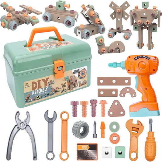 LittleCraft Tool Set 144 pcs| Kids Construction Tool Bench with Electric Drill & Pretend Play Accessories