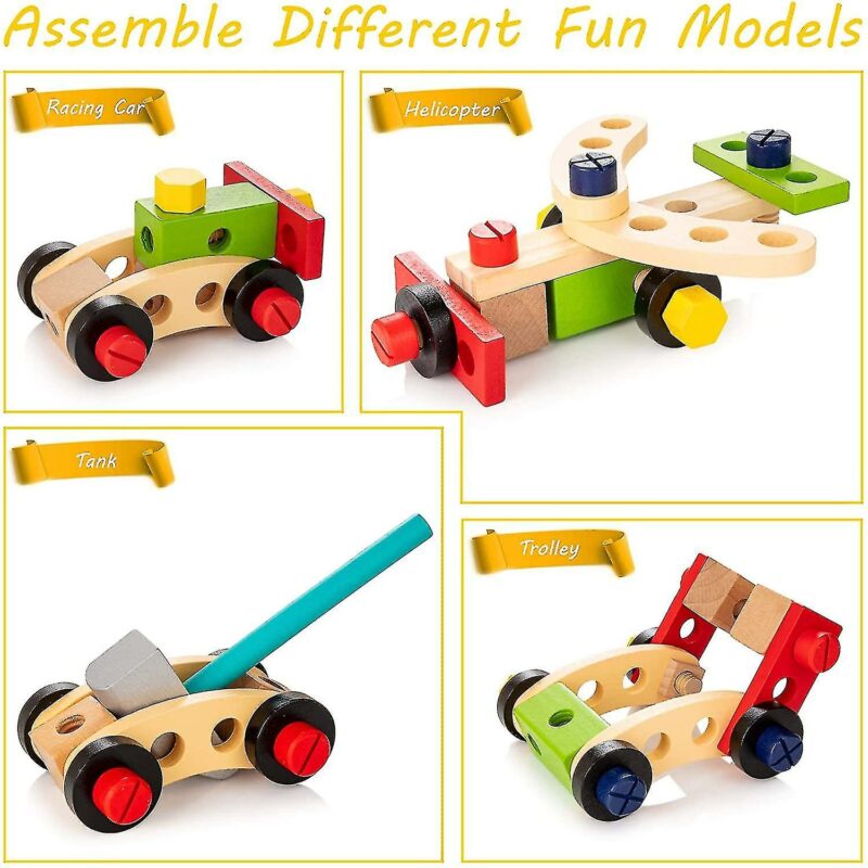 Wooden Tool Kit For Kids, With Colorful Building Toy Set