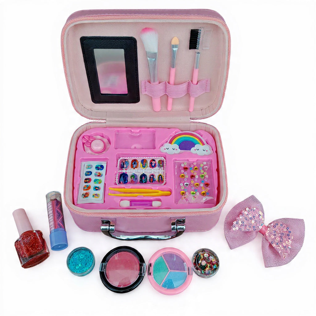 Girls' Pretend Play Makeup Kit – Glitter Carry Case with Mirror | Kids Beauty Set