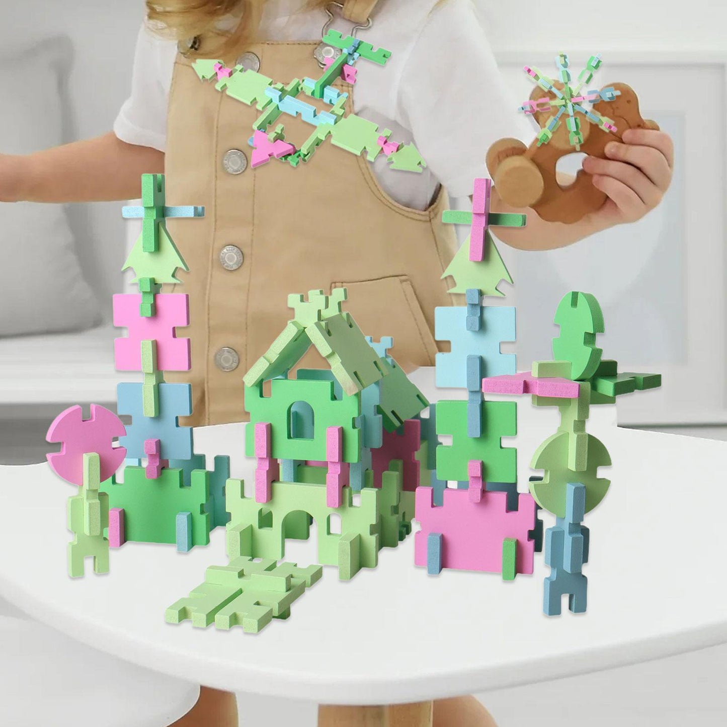 74 Pcs Wooden Pattern Blocks Set