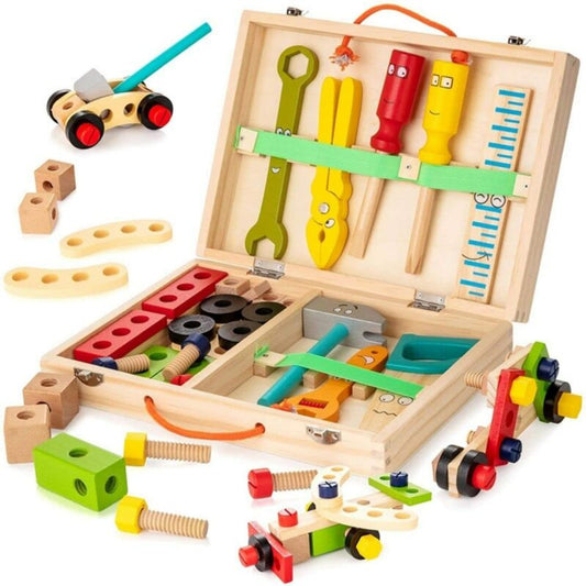 Wooden Tool Kit For Kids, With Colorful Building Toy Set