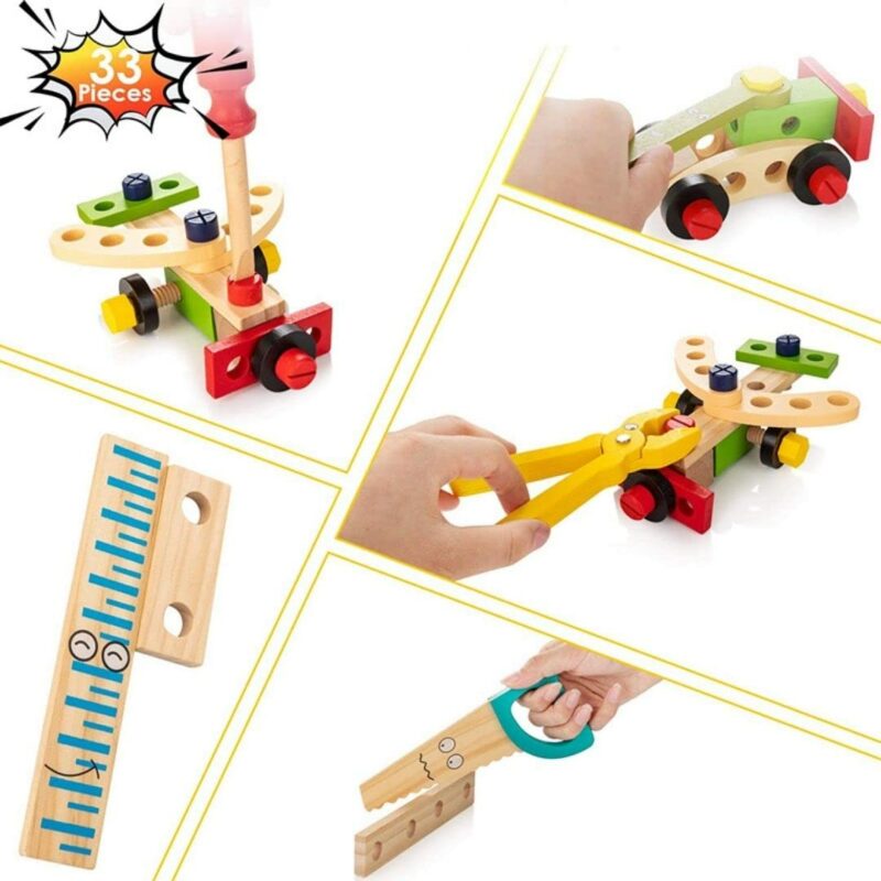 Wooden Tool Kit For Kids, With Colorful Building Toy Set