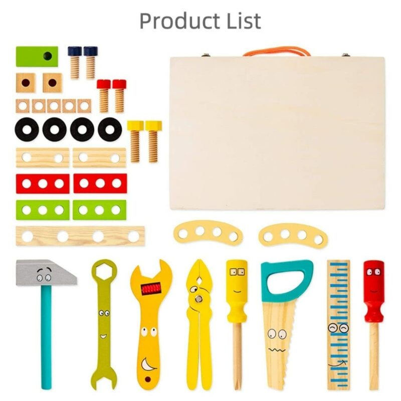 Wooden Tool Kit For Kids, With Colorful Building Toy Set