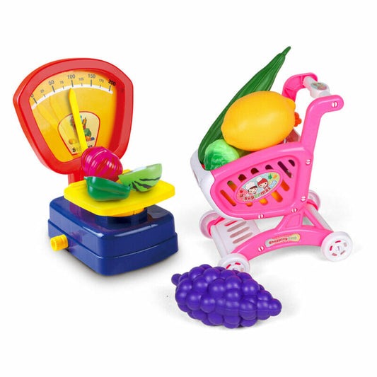 Children’s play set of fruits for cutting in a basket with Scale Machine &amp; Trolley