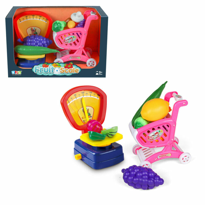 Children’s play set of fruits for cutting in a basket with Scale Machine &amp; Trolley