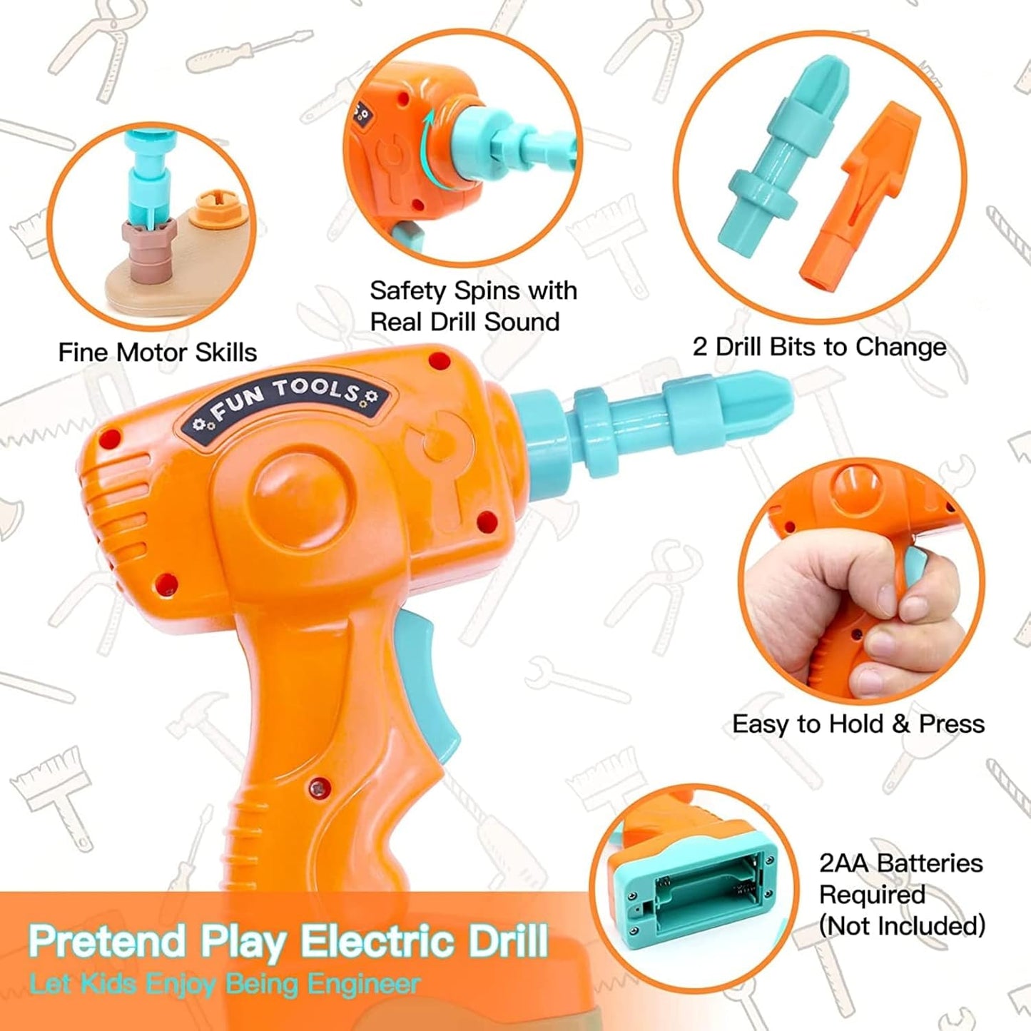 LittleCraft  Tool Set 144 pcs| Kids Construction Tool Bench with Electric Drill & Pretend Play Accessories