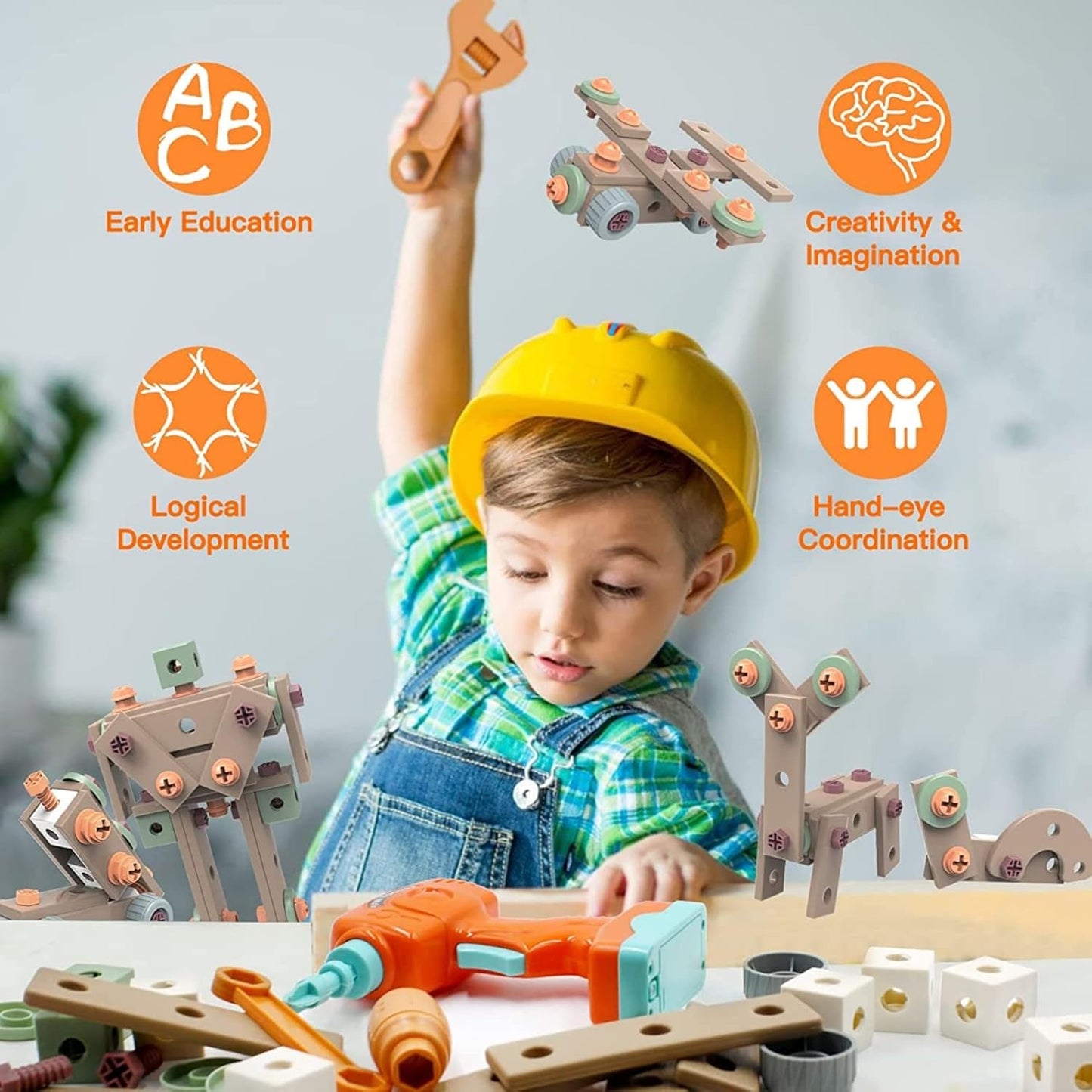 LittleCraft  Tool Set 144 pcs| Kids Construction Tool Bench with Electric Drill & Pretend Play Accessories