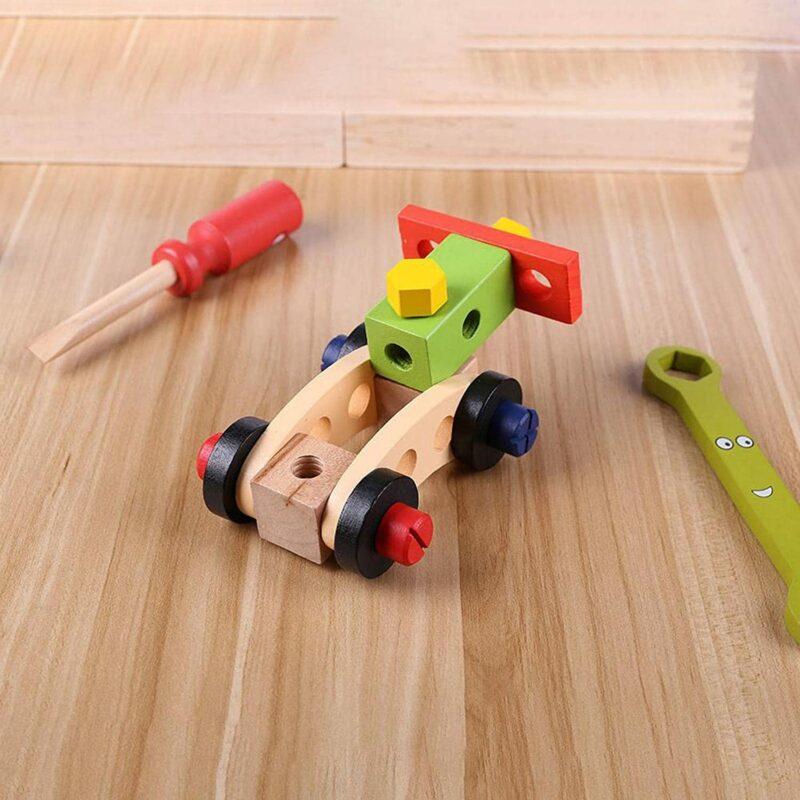 Wooden Tool Kit For Kids, With Colorful Building Toy Set