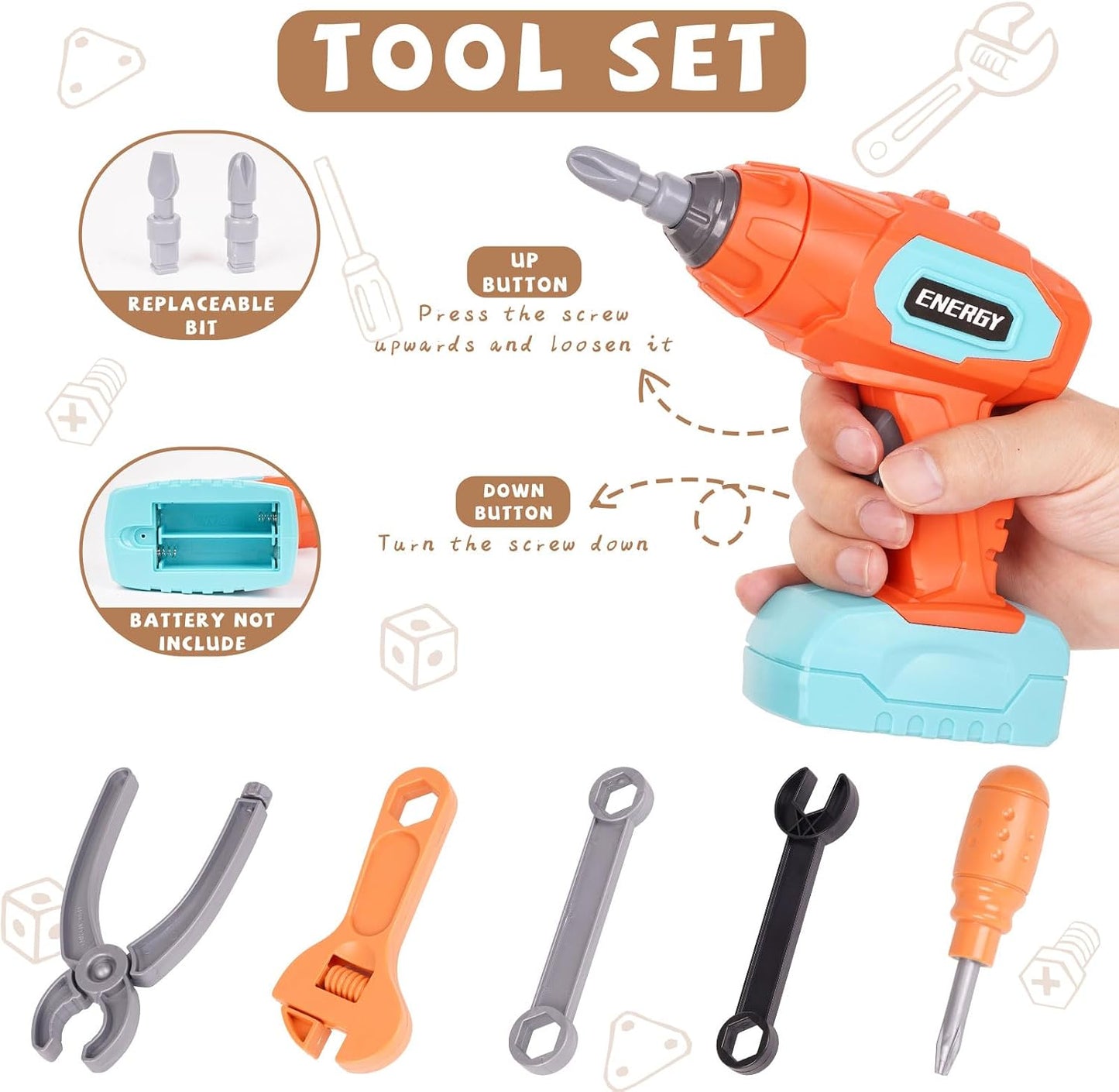 LittleCraft  Tool Set 144 pcs| Kids Construction Tool Bench with Electric Drill & Pretend Play Accessories
