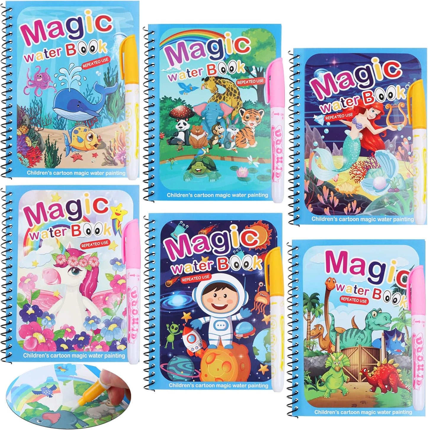set of 6 Magic Water Coloring Book – Reusable Drawing Book for Kids