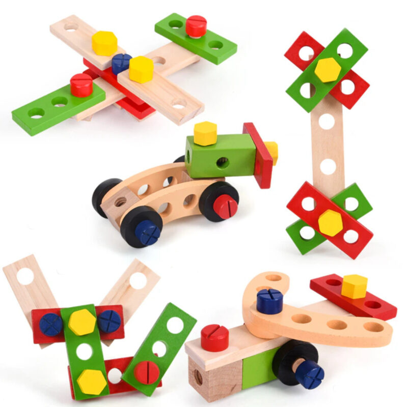 Wooden Tool Kit For Kids, With Colorful Building Toy Set