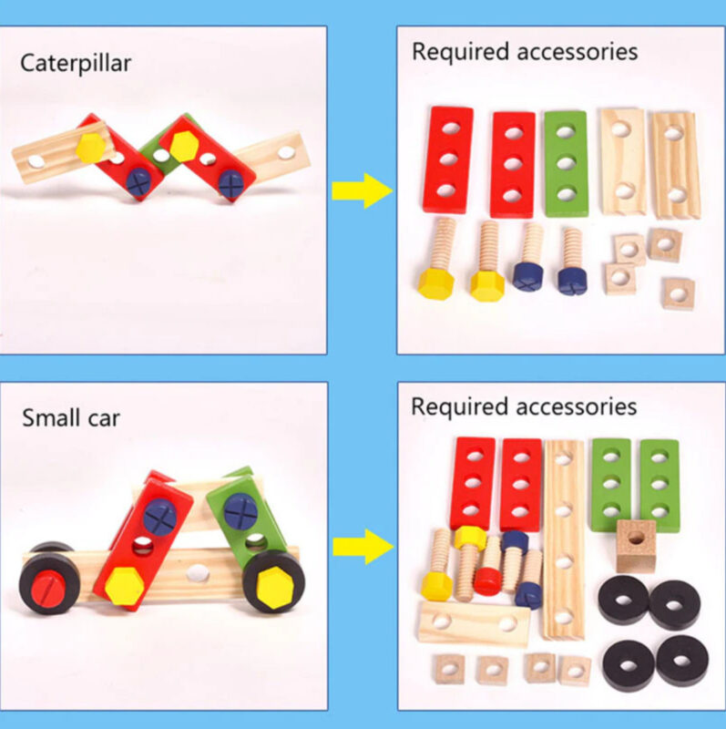 Wooden Tool Kit For Kids, With Colorful Building Toy Set