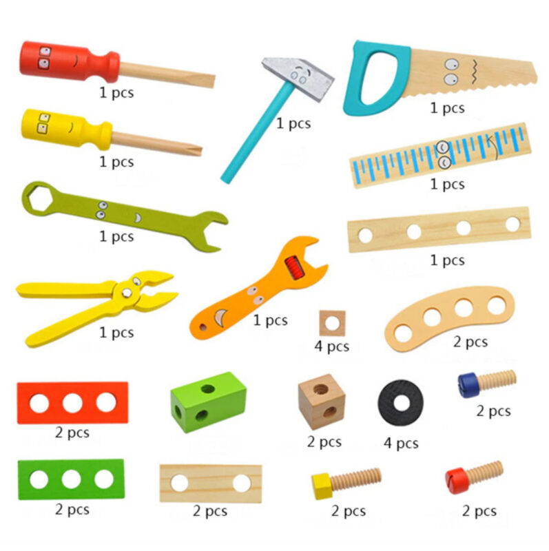 Wooden Tool Kit For Kids, With Colorful Building Toy Set