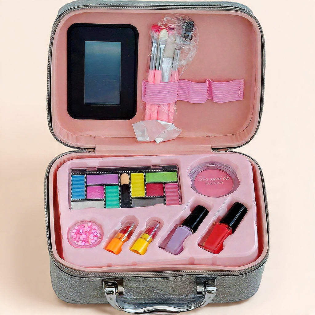 Girls' Pretend Play Makeup Kit – Glitter Carry Case with Mirror | Kids Beauty Set