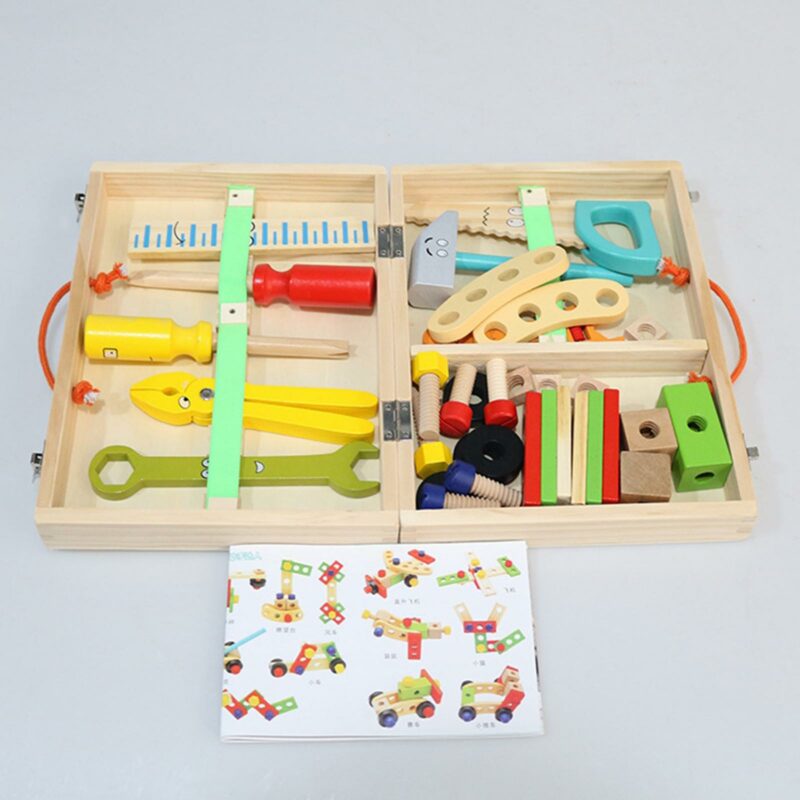 Wooden Tool Kit For Kids, With Colorful Building Toy Set