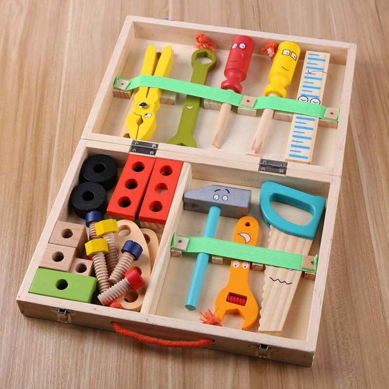 Wooden Tool Kit For Kids, With Colorful Building Toy Set